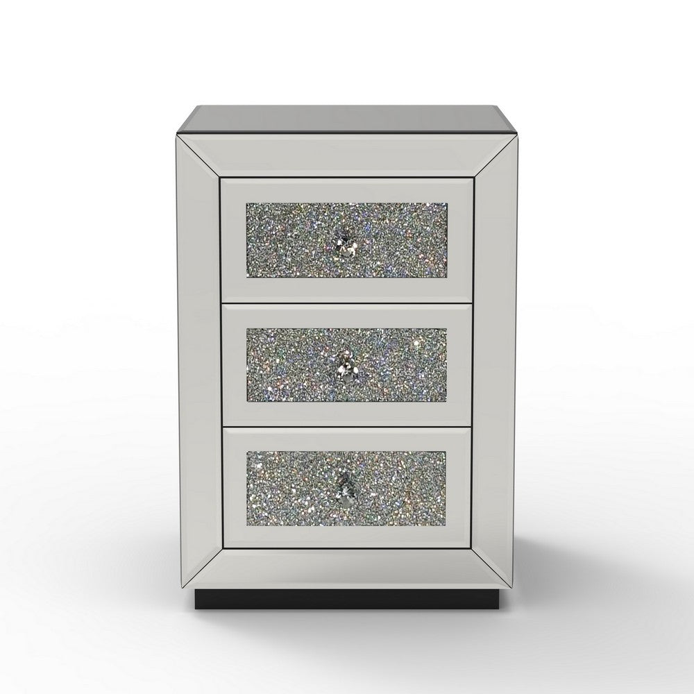 Lily Mirrored Nightstand, 3-Drawers, Glass Front Panels, Silver Wood - BM355142