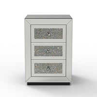 Lily Mirrored Nightstand, 3-Drawers, Glass Front Panels, Silver Wood - BM355142
