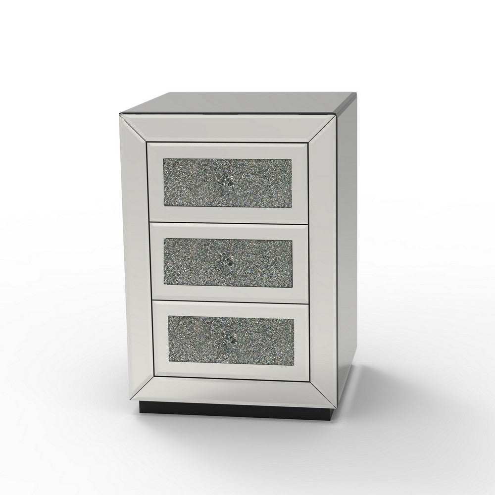 Lily Mirrored Nightstand, 3-Drawers, Glass Front Panels, Silver Wood - BM355142