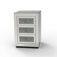 Lily Mirrored Nightstand, 3-Drawers, Glass Front Panels, Silver Wood - BM355142