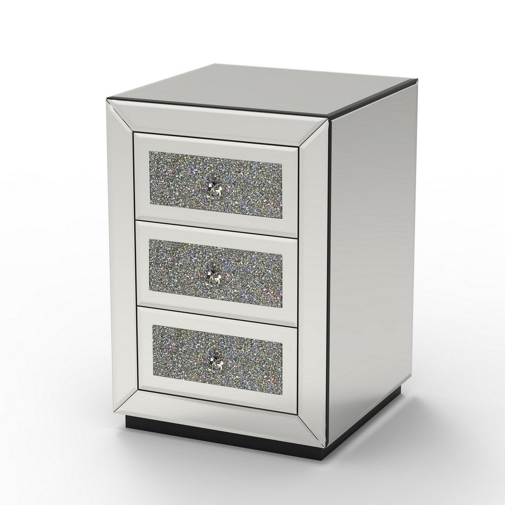 Lily Mirrored Nightstand, 3-Drawers, Glass Front Panels, Silver Wood - BM355142