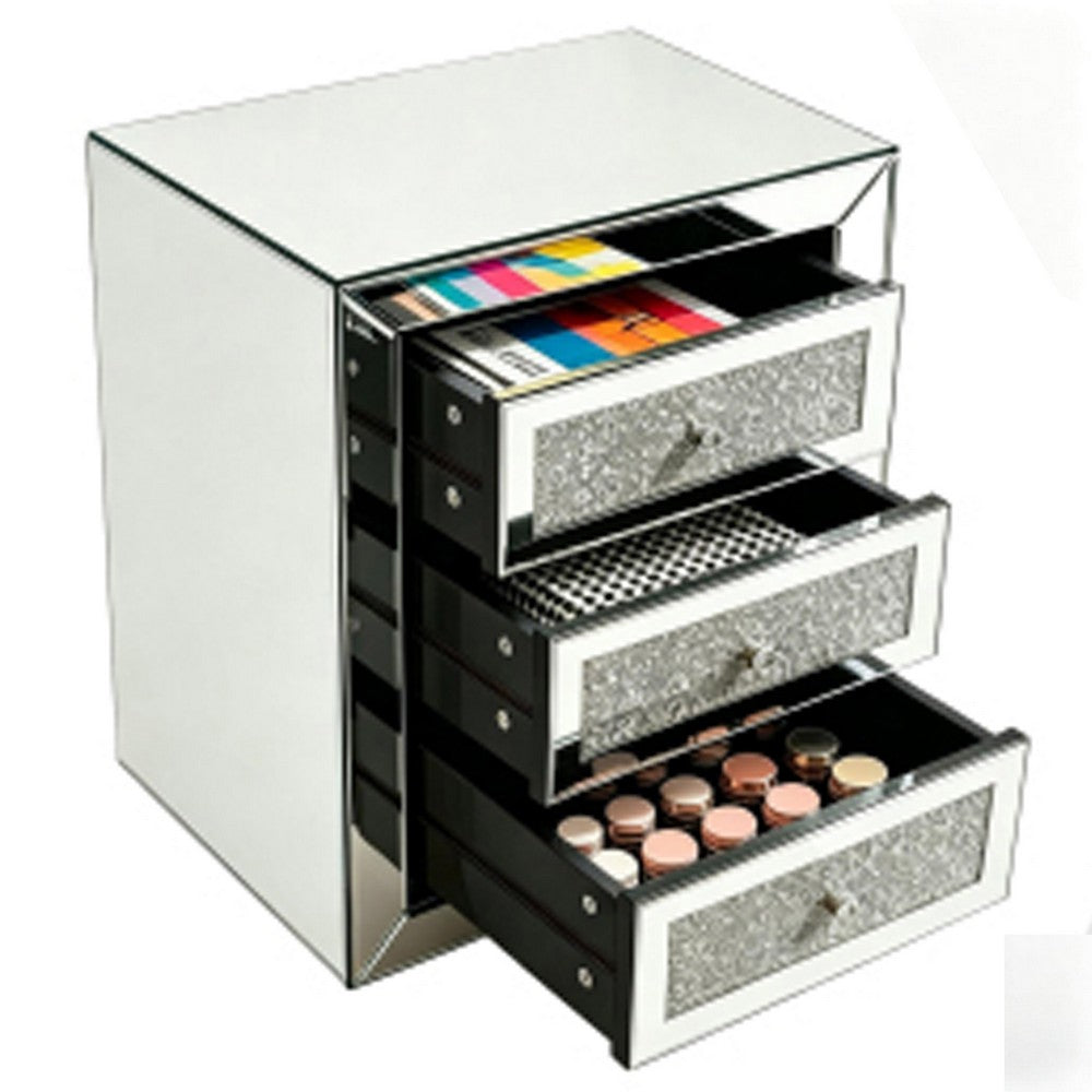 Lily Mirrored Nightstand, 3-Drawers, Glass Front Panels, Silver Wood - BM355142