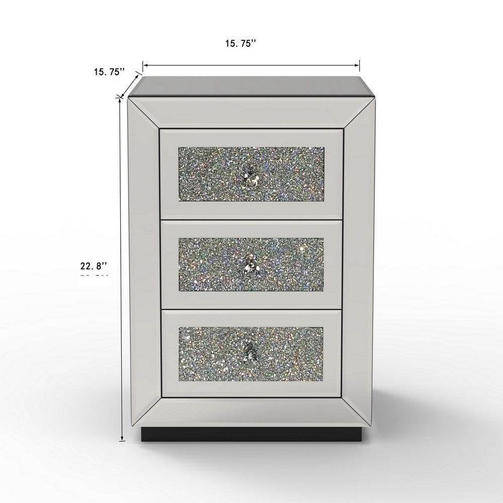 Lily Mirrored Nightstand, 3-Drawers, Glass Front Panels, Silver Wood - BM355142