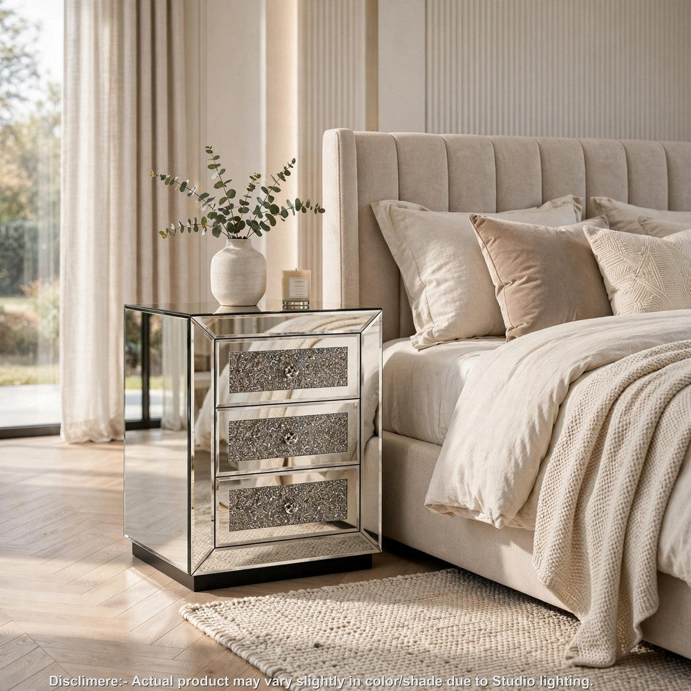 Lily Mirrored Nightstand, 3-Drawers, Glass Front Panels, Silver Wood - BM355142