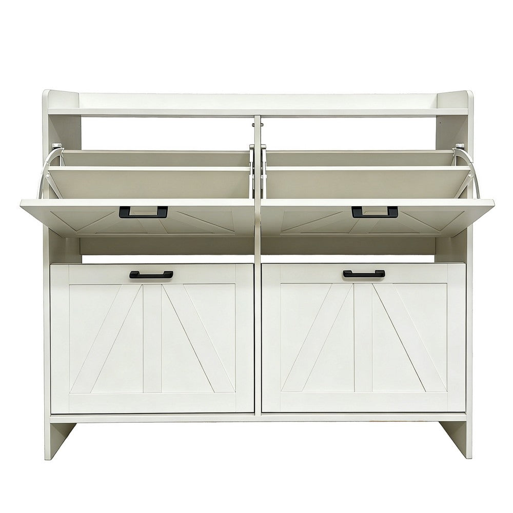 Miney Shoe Cabinet with 4 Flip Drawers, Barn Doors Set, White Wood 42 Inch - BM355143