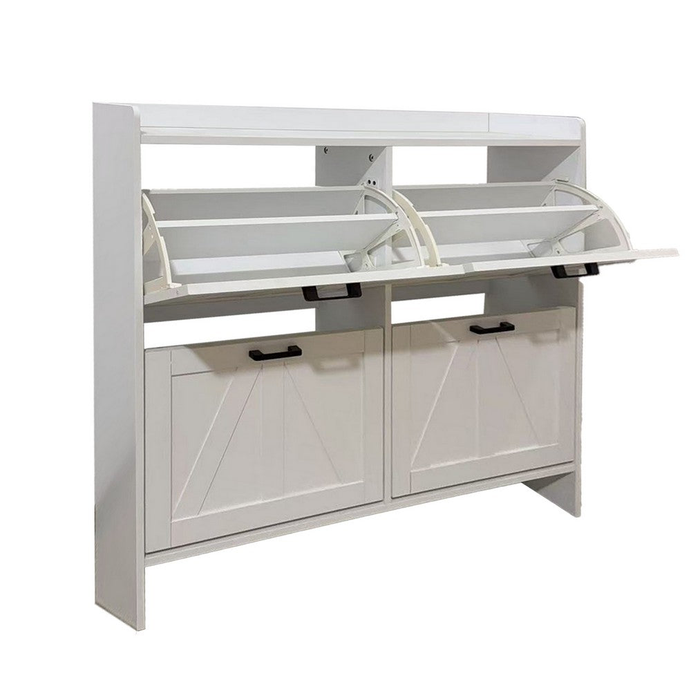 Miney Shoe Cabinet with 4 Flip Drawers, Barn Doors Set, White Wood 42 Inch - BM355143