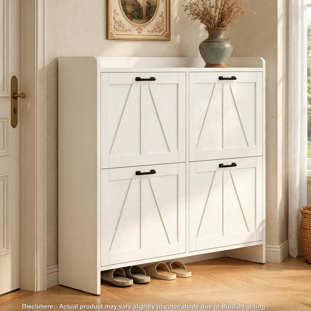 Miney Shoe Cabinet with 4 Flip Drawers, Barn Doors Set, White Wood 42 Inch - BM355143