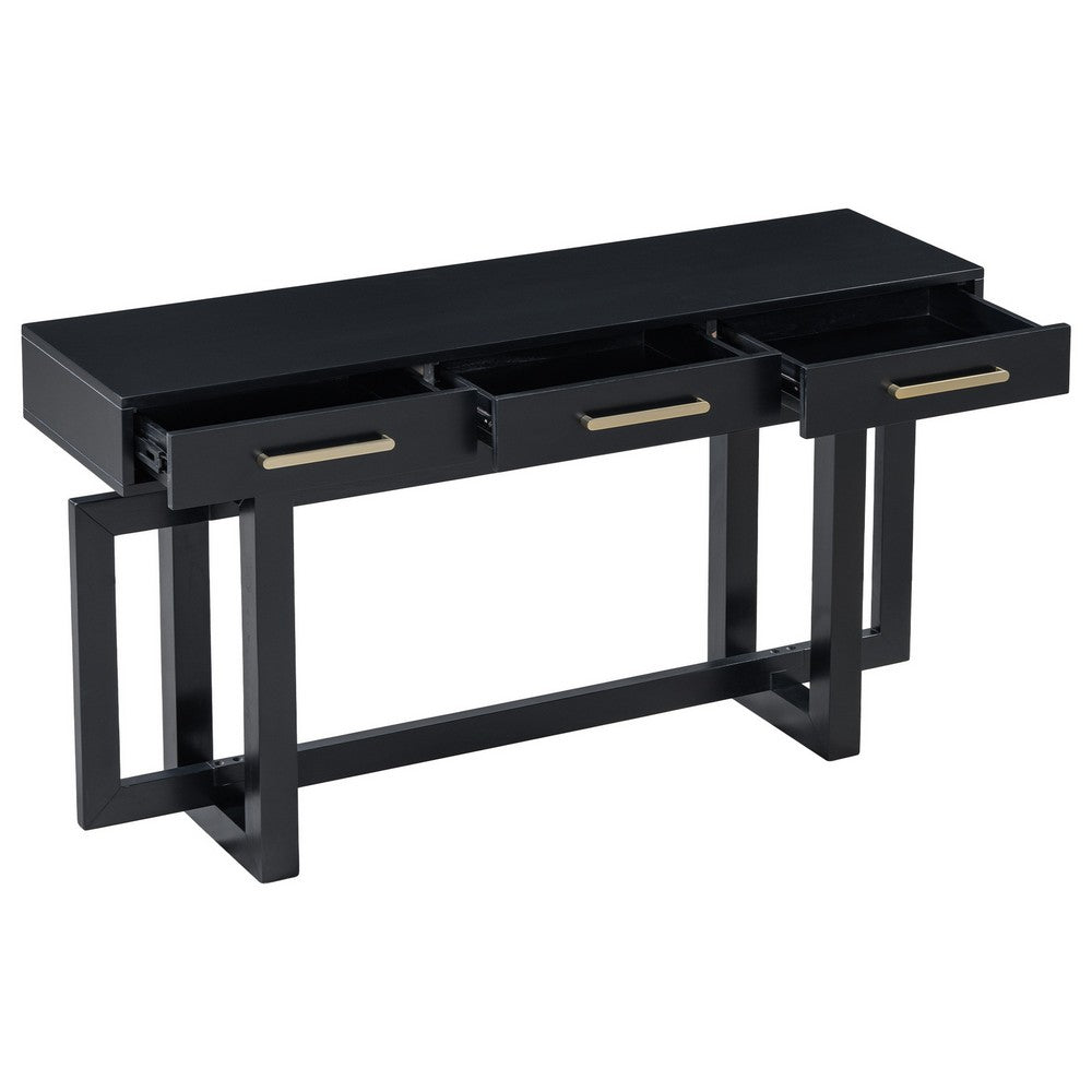 Gracie Console Table with 3 Drawers and Iron Handle Design, Black Wood 57 Inch - BM355144