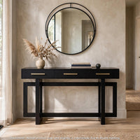 Gracie Console Table with 3 Drawers and Iron Handle Design, Black Wood 57 Inch - BM355144