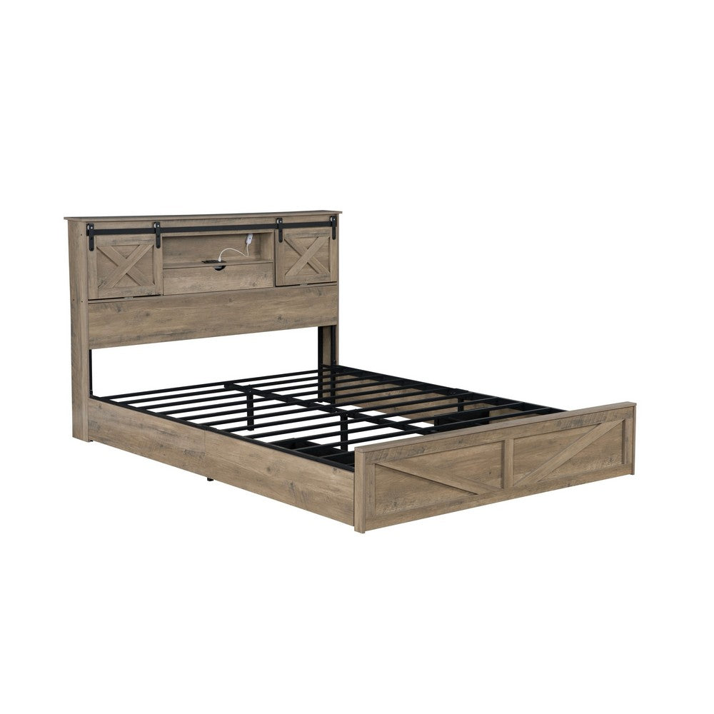 Amna Farmhouse King Bed, LED Storage and Charging Station, Gray Wood - BM355146