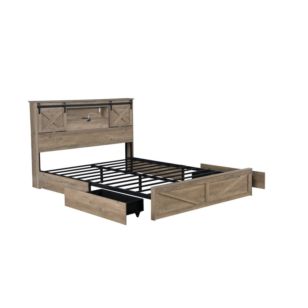 Amna Farmhouse King Bed, LED Storage and Charging Station, Gray Wood - BM355146