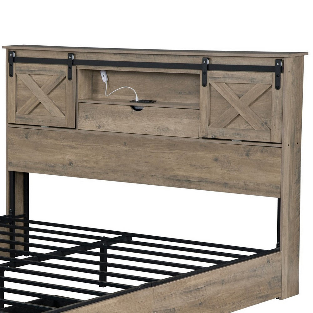 Amna Farmhouse King Bed, LED Storage and Charging Station, Gray Wood - BM355146