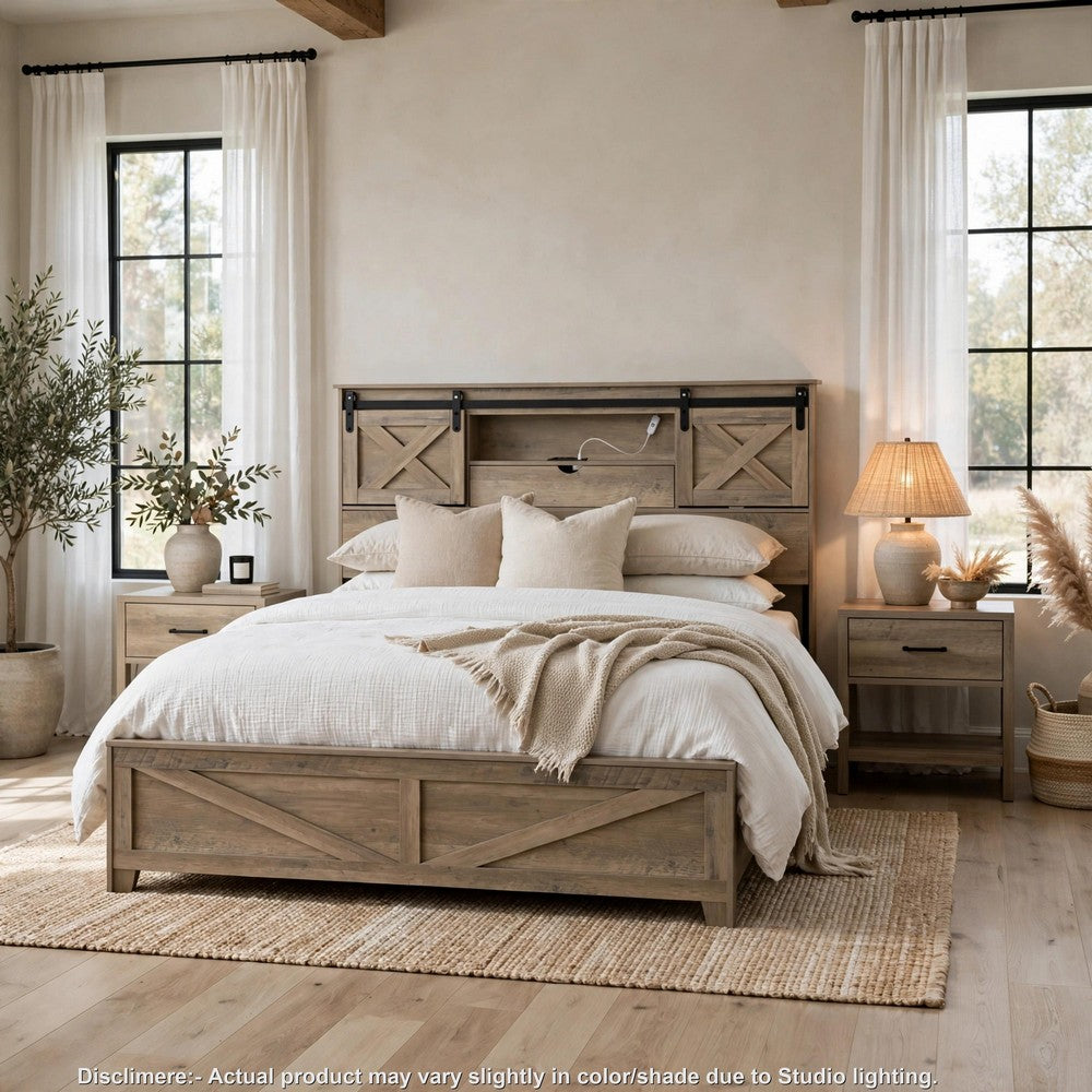Amna Farmhouse King Bed, LED Storage and Charging Station, Gray Wood - BM355146
