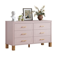 Rique Wide Dresser, 6 Drawers, Brown Wood Legs, Gold Metal Handles, Pink - BM355149
