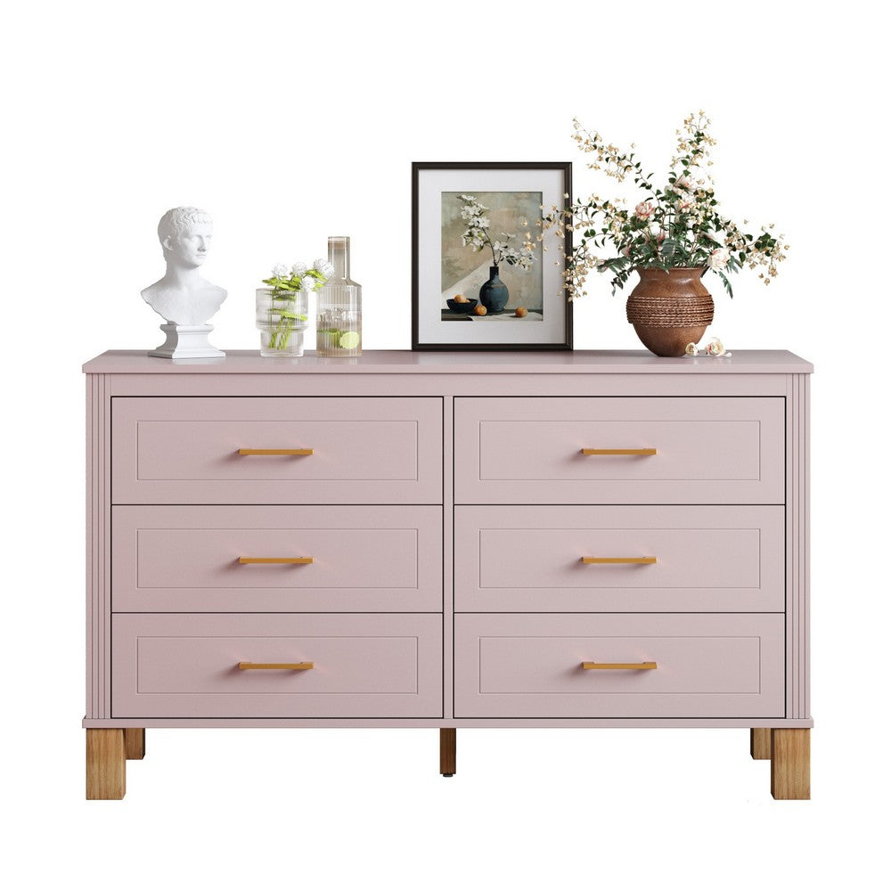 Rique Wide Dresser, 6 Drawers, Brown Wood Legs, Gold Metal Handles, Pink - BM355149