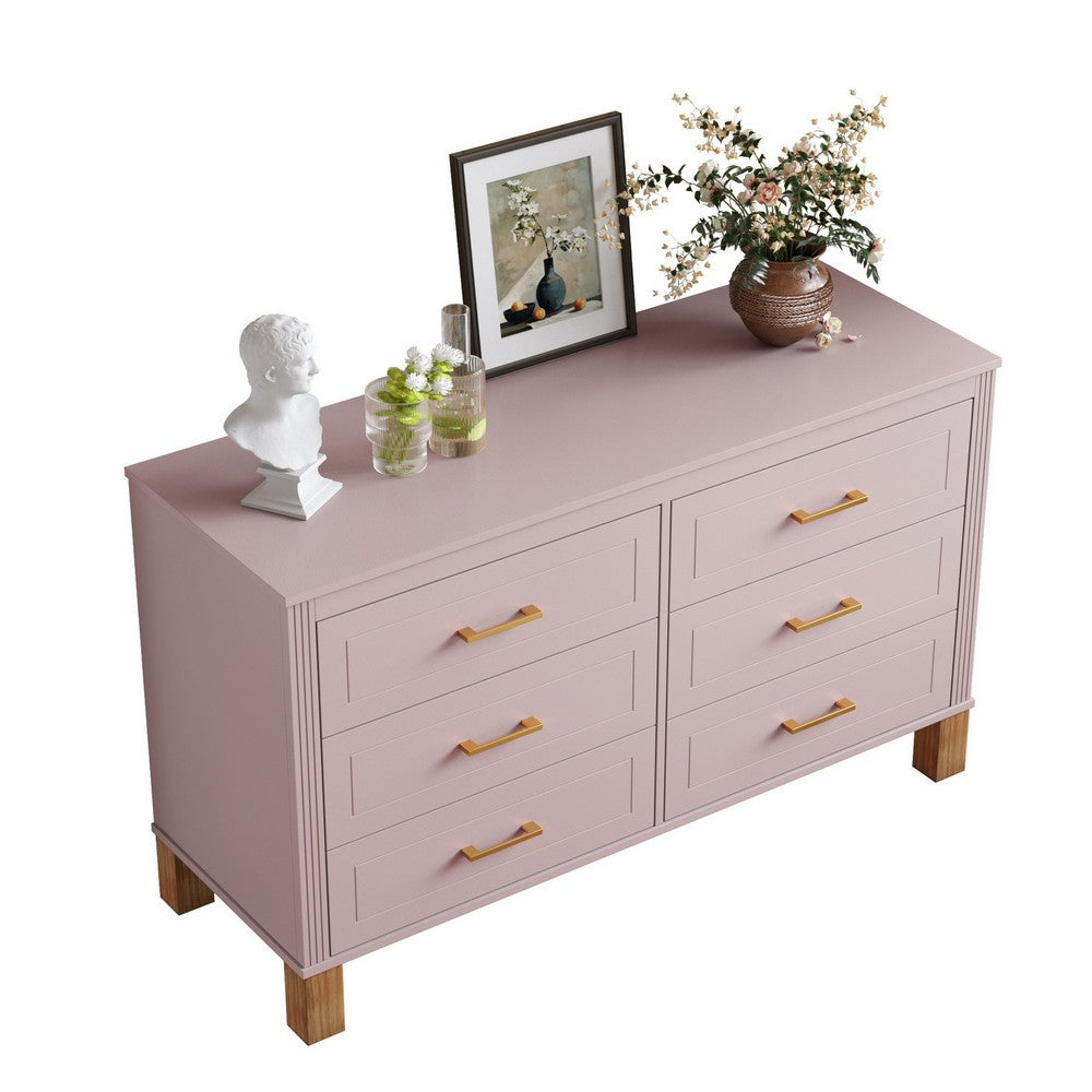 Rique Wide Dresser, 6 Drawers, Brown Wood Legs, Gold Metal Handles, Pink - BM355149