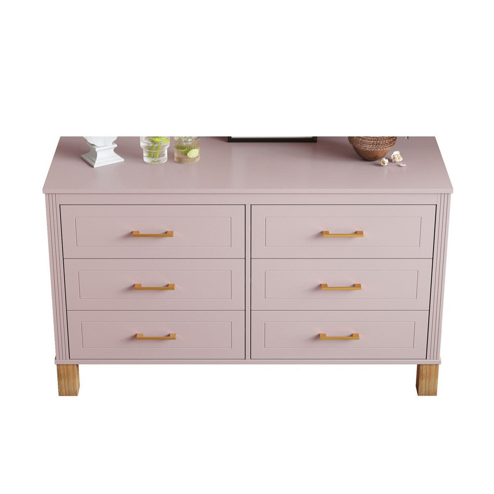 Rique Wide Dresser, 6 Drawers, Brown Wood Legs, Gold Metal Handles, Pink - BM355149
