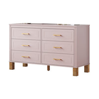 Rique Wide Dresser, 6 Drawers, Brown Wood Legs, Gold Metal Handles, Pink - BM355149