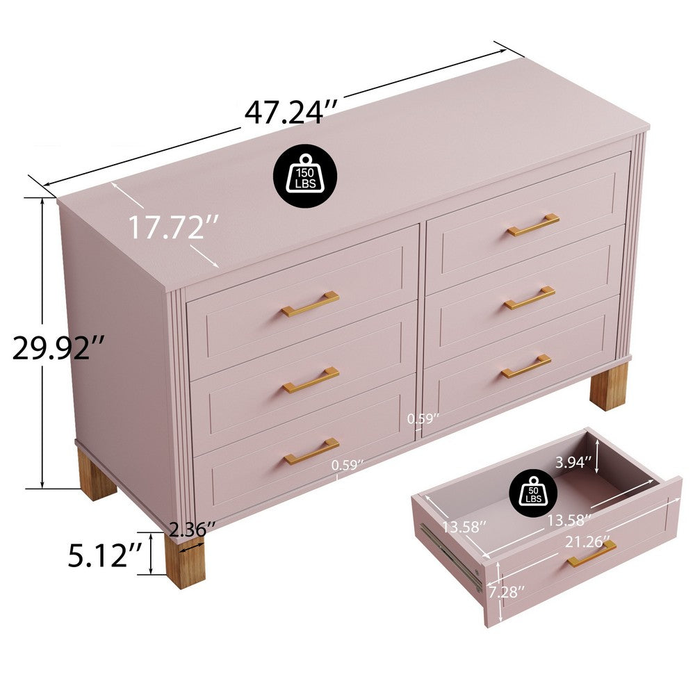 Rique Wide Dresser, 6 Drawers, Brown Wood Legs, Gold Metal Handles, Pink - BM355149