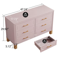 Rique Wide Dresser, 6 Drawers, Brown Wood Legs, Gold Metal Handles, Pink - BM355149