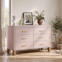 Rique Wide Dresser, 6 Drawers, Brown Wood Legs, Gold Metal Handles, Pink - BM355149