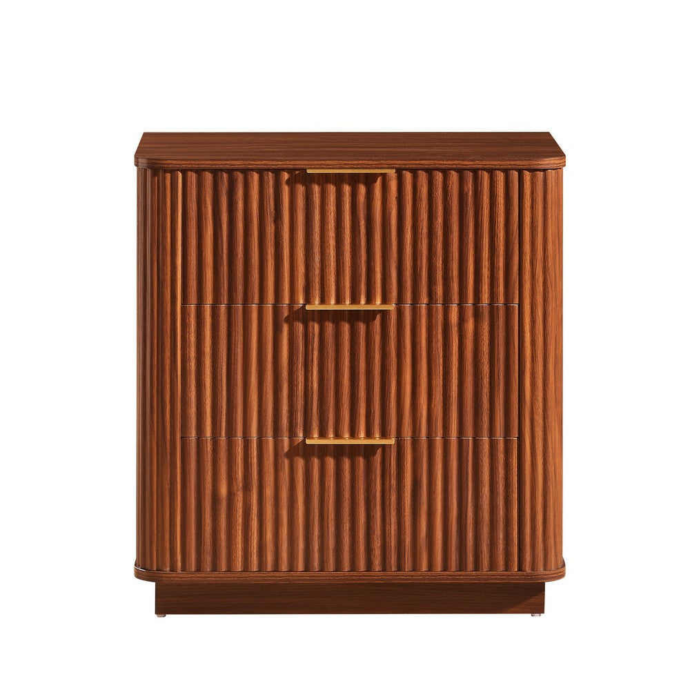 Macky Fluted Wave Nightstand with 3 Drawers, Set of 2, Walnut Brown - BM355154