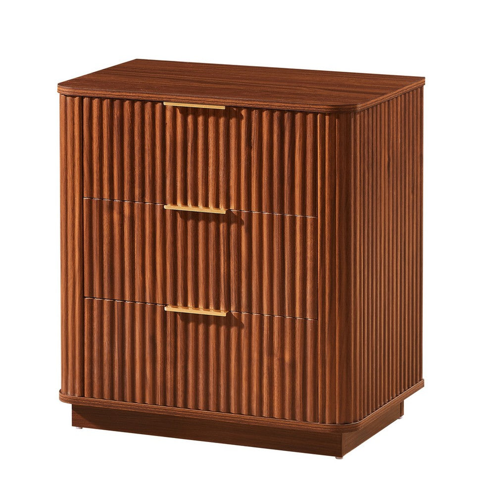 Macky Fluted Wave Nightstand with 3 Drawers, Set of 2, Walnut Brown - BM355154