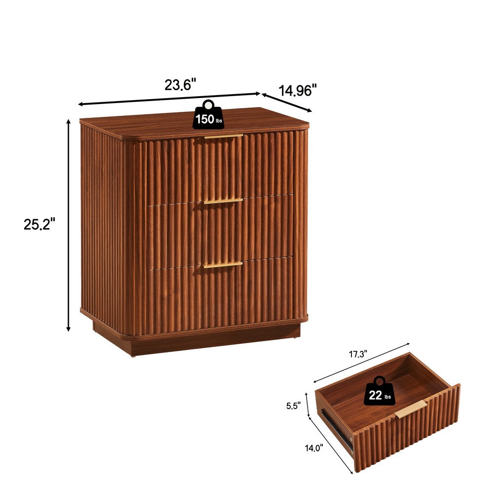 Macky Fluted Wave Nightstand with 3 Drawers, Set of 2, Walnut Brown - BM355154
