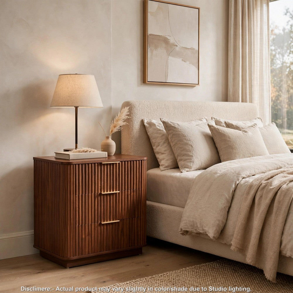 Macky Fluted Wave Nightstand with 3 Drawers, Set of 2, Walnut Brown - BM355154