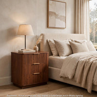 Macky Fluted Wave Nightstand with 3 Drawers, Set of 2, Walnut Brown - BM355154