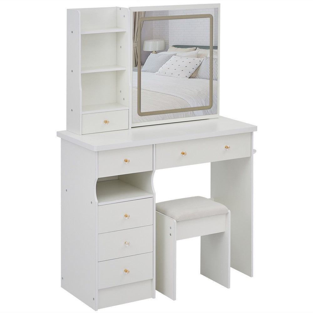 Rocky 2pc LED Vanity Desk Set w Stool, USB Charging, Sliding Mirror, White - BM355155