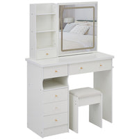 Rocky 2pc LED Vanity Desk Set w Stool, USB Charging, Sliding Mirror, White - BM355155
