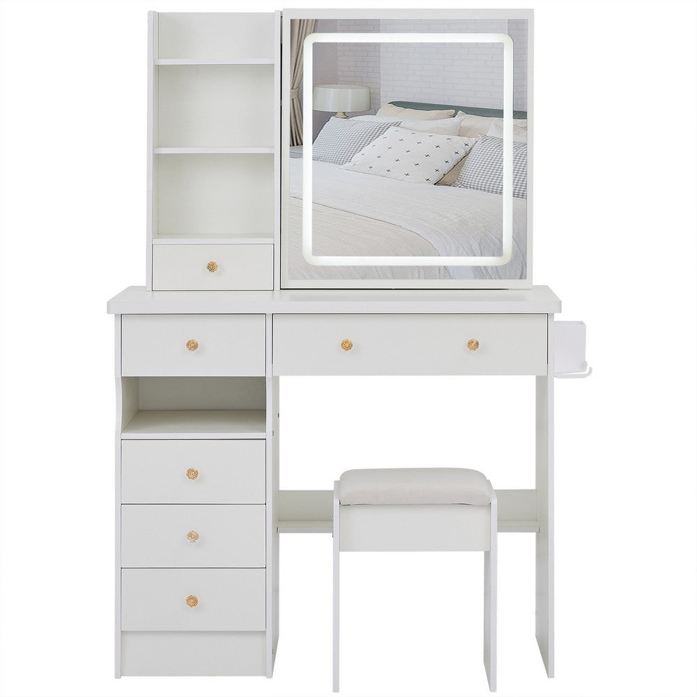 Rocky 2pc LED Vanity Desk Set w Stool, USB Charging, Sliding Mirror, White - BM355155