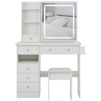 Rocky 2pc LED Vanity Desk Set w Stool, USB Charging, Sliding Mirror, White - BM355155