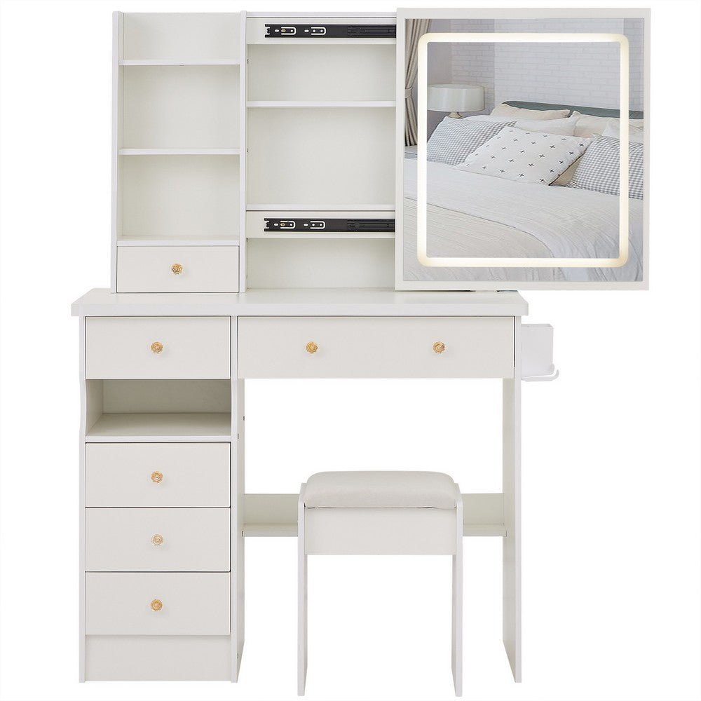 Rocky 2pc LED Vanity Desk Set w Stool, USB Charging, Sliding Mirror, White - BM355155