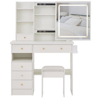 Rocky 2pc LED Vanity Desk Set w Stool, USB Charging, Sliding Mirror, White - BM355155