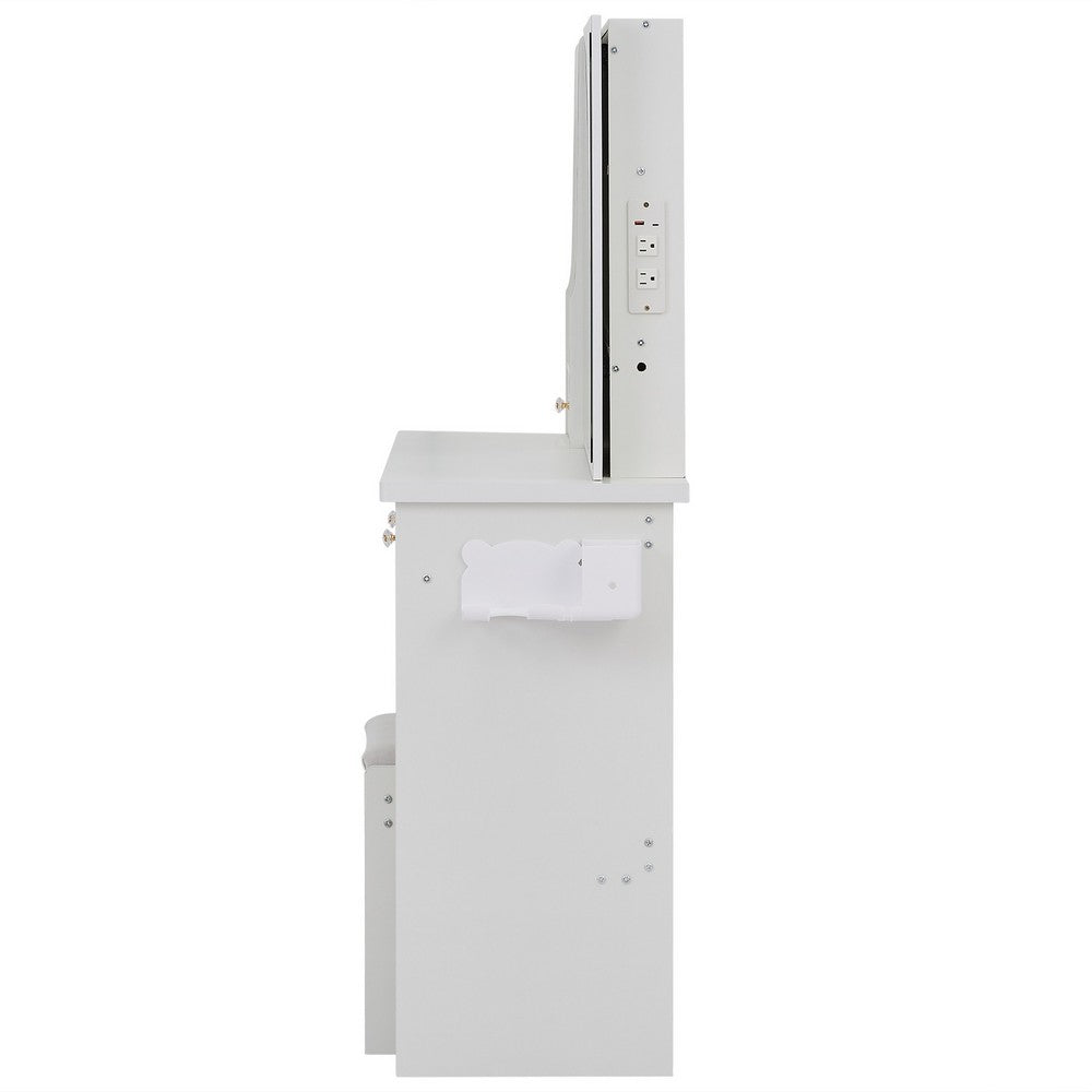 Rocky 2pc LED Vanity Desk Set w Stool, USB Charging, Sliding Mirror, White - BM355155