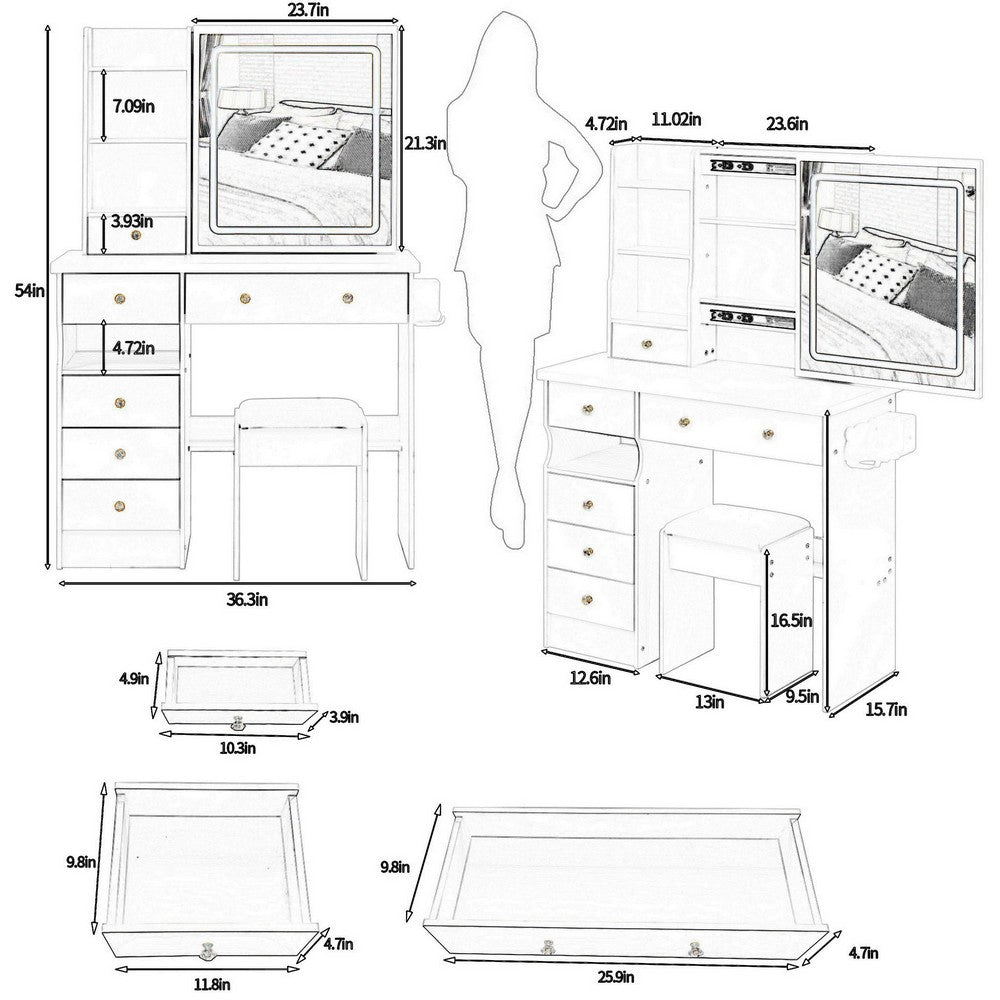 Rocky 2pc LED Vanity Desk Set w Stool, USB Charging, Sliding Mirror, White - BM355155