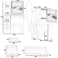 Rocky 2pc LED Vanity Desk Set w Stool, USB Charging, Sliding Mirror, White - BM355155