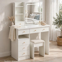 Rocky 2pc LED Vanity Desk Set w Stool, USB Charging, Sliding Mirror, White - BM355155