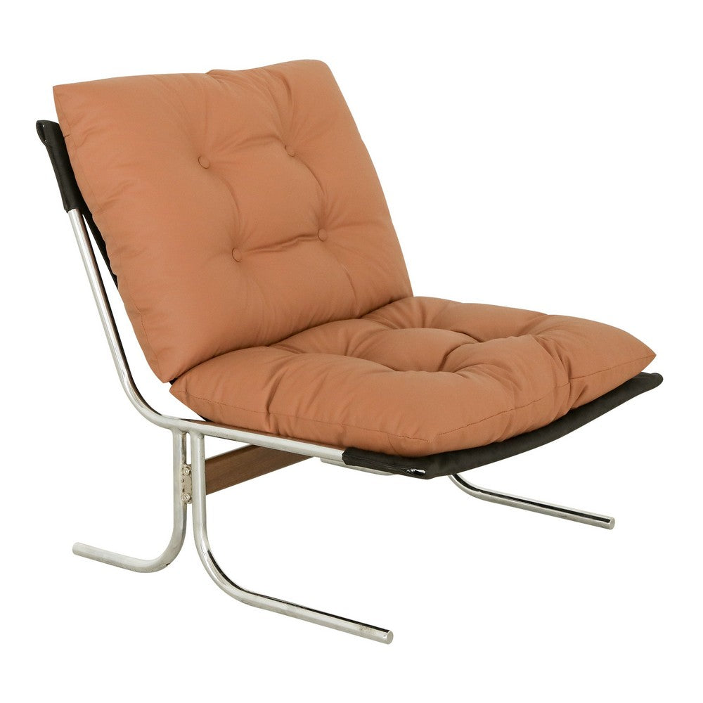 Edens Accent Chair with Chrome Metal Frame, Brown Tufted Faux Leather - BM355157