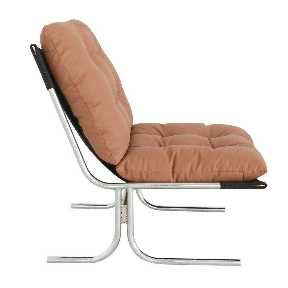 Edens Accent Chair with Chrome Metal Frame, Brown Tufted Faux Leather - BM355157