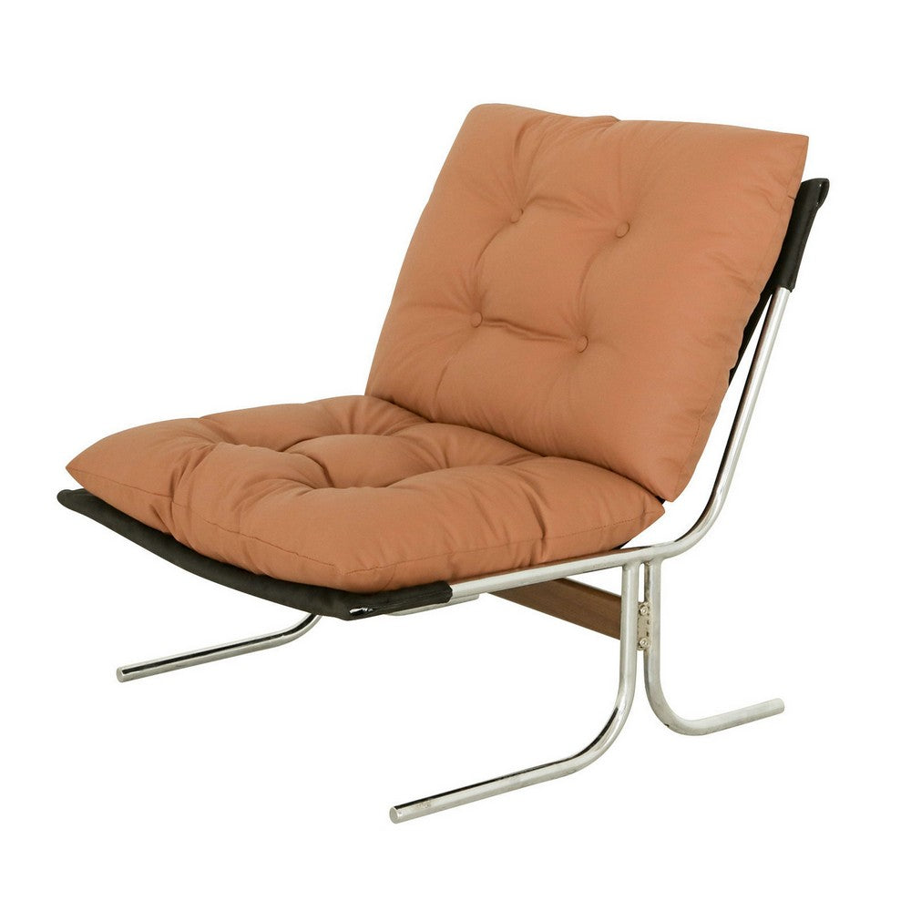 Edens Accent Chair with Chrome Metal Frame, Brown Tufted Faux Leather - BM355157