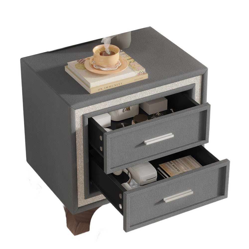 Lizzy Nightstand with Glitter Trim, Metal Legs, 2 Drawers, Gray Velvet - BM355159