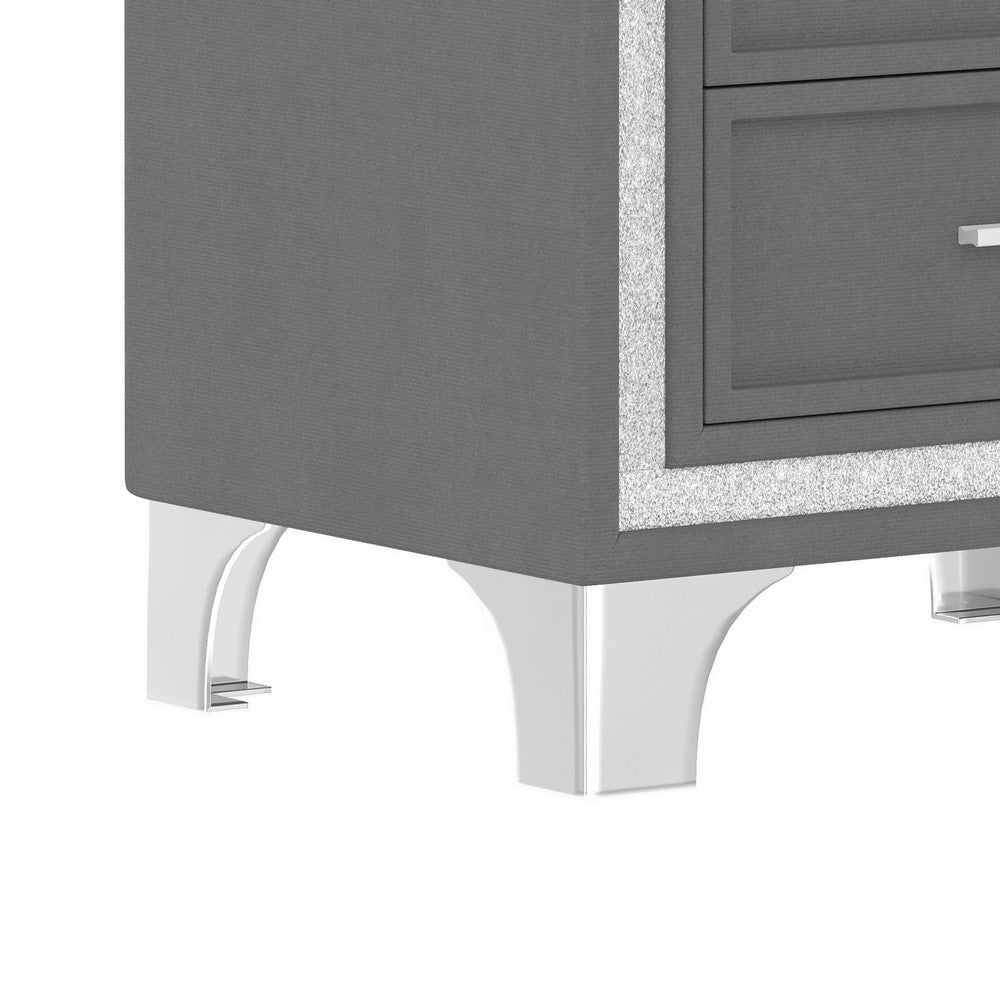 Lizzy Nightstand with Glitter Trim, Metal Legs, 2 Drawers, Gray Velvet - BM355159