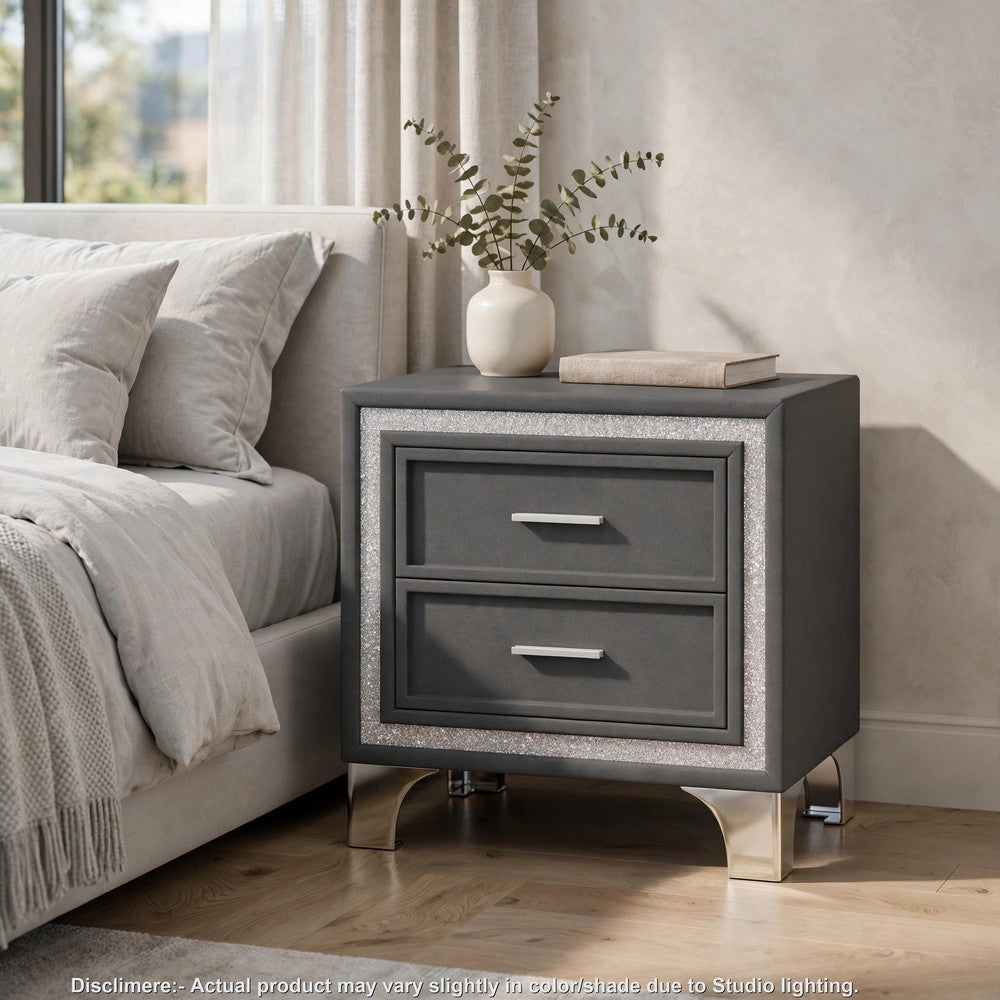 Lizzy Nightstand with Glitter Trim, Metal Legs, 2 Drawers, Gray Velvet - BM355159
