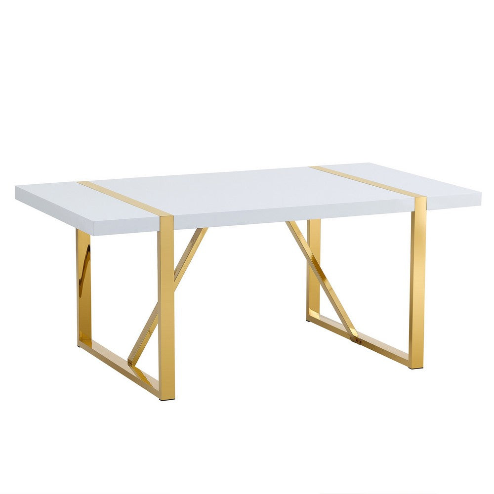Soha Rectangular Dining Table with Gold Metal Legs, White Wood 71 Inch - BM355162