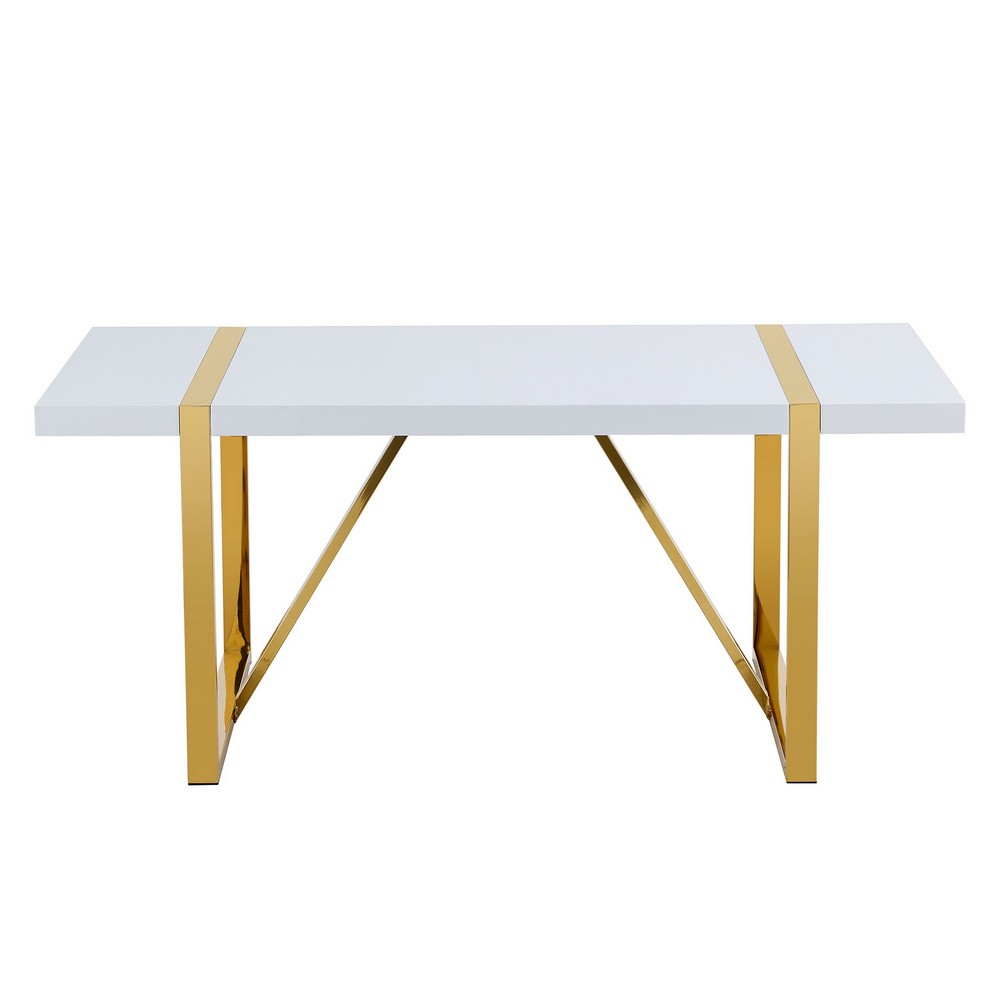Soha Rectangular Dining Table with Gold Metal Legs, White Wood 71 Inch - BM355162