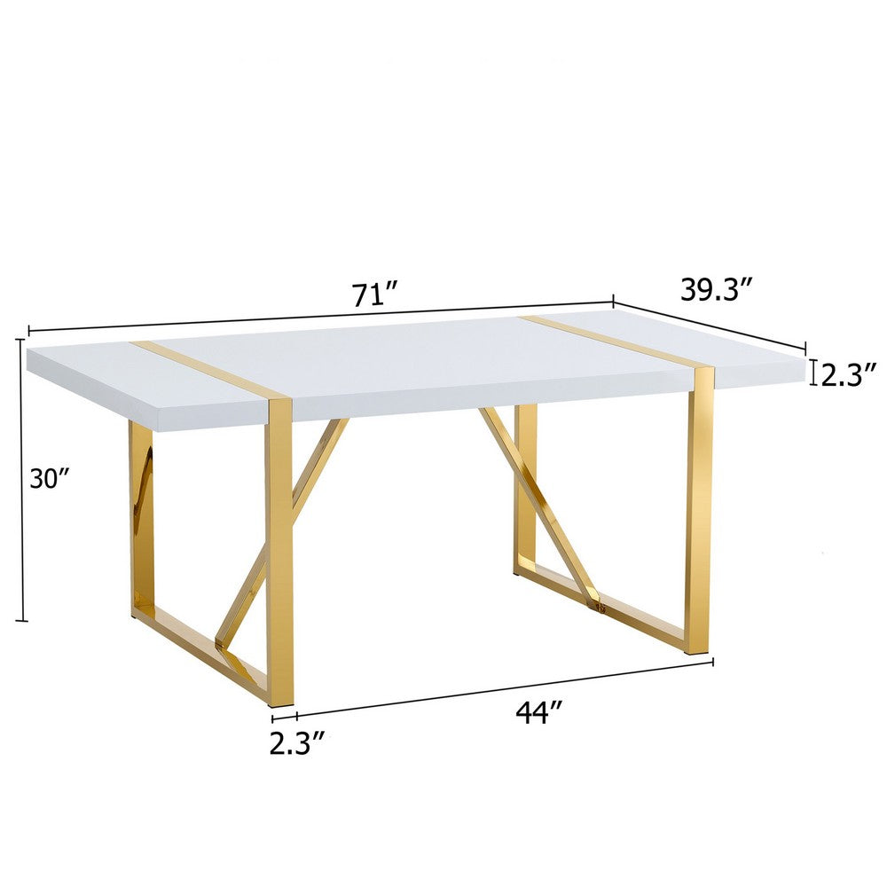 Soha Rectangular Dining Table with Gold Metal Legs, White Wood 71 Inch - BM355162