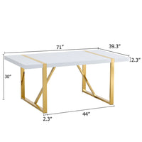 Soha Rectangular Dining Table with Gold Metal Legs, White Wood 71 Inch - BM355162